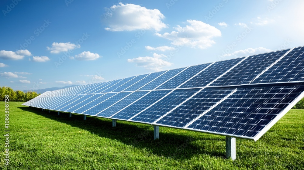 A solar panel array stands in a green field under a clear blue sky, showcasing renewable energy technology.