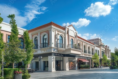 Classic architecture shopping center with blue sky.