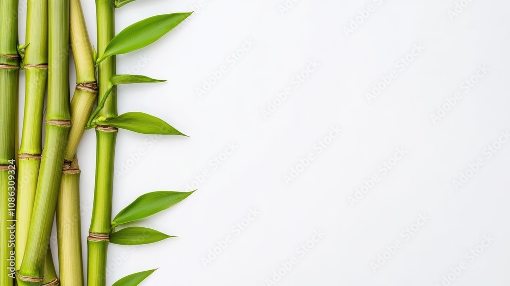 Obraz premium A close-up view of bamboo stalks and leaves arranged against a clean, white background, showcasing their vibrant green color and natural beauty.