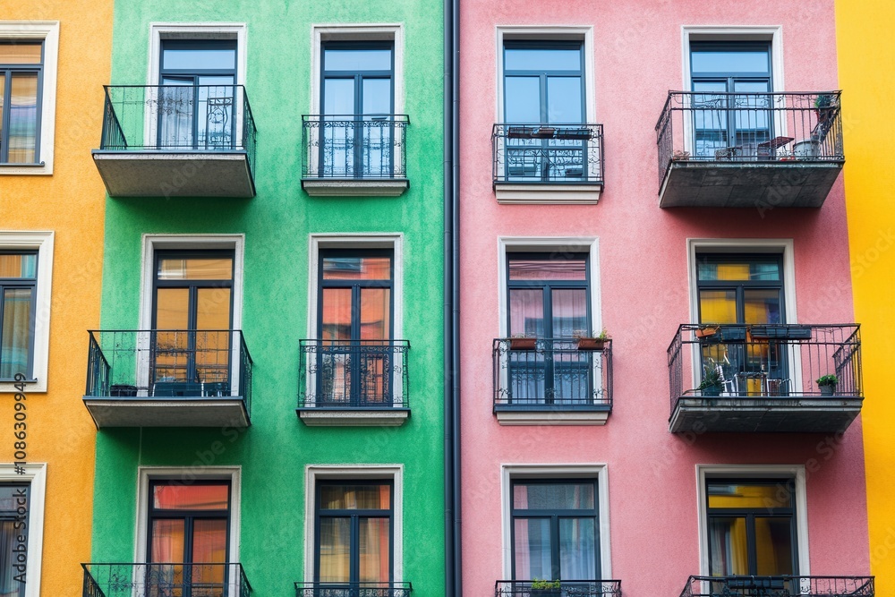 Fototapeta premium Colorful building facade with balconies and windows.