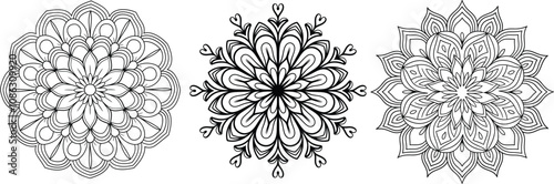A black and white illustration of a mandala. The mandala has a circular pattern with intricate details and patterns.