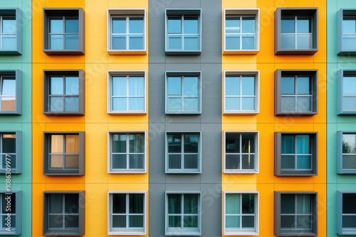 Colorful building facade with windows in different colors.