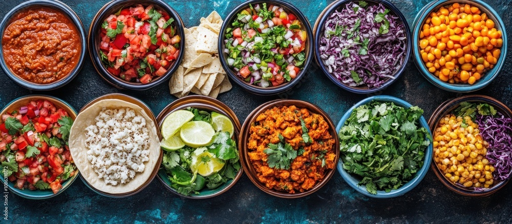 Assortment of ingredients for making tacos on a rustic blue background, including salsa, chopped red cabbage, corn, cilantro, lime wedges, and tortillas. Assortment of ingredients for making tacos on a rustic blue background, including salsa, chopped red cabbage, corn, cilantro, lime wedges, and tortillas.