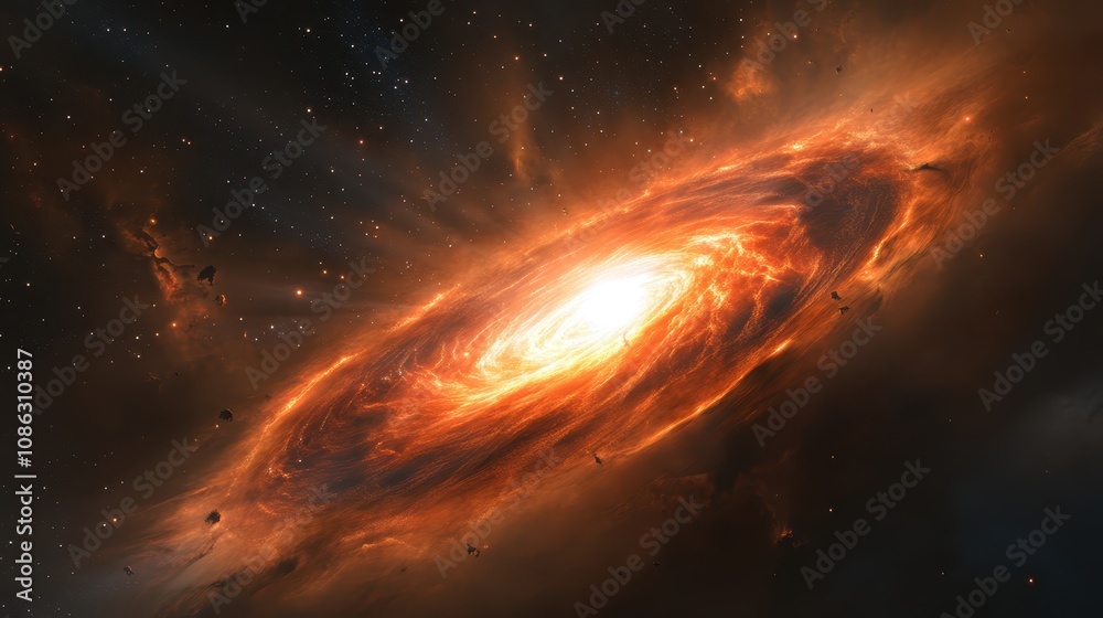 Fototapeta premium A stunning depiction of a swirling galaxy, showcasing vibrant orange and yellow hues against a dark cosmic backdrop.