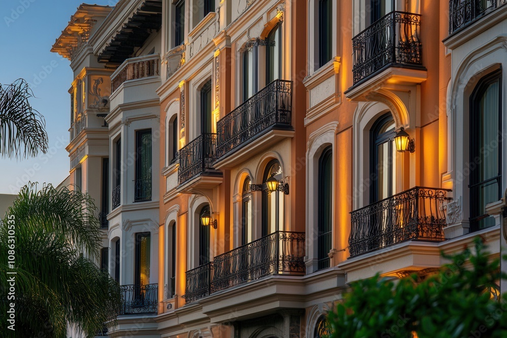 Fototapeta premium Elegant apartment building with balconies illuminated at dusk.