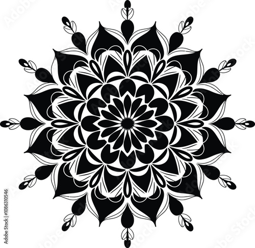 a black and white mandala design. It is a symmetrical flower-like pattern with eight petals radiating outwards from the center. 