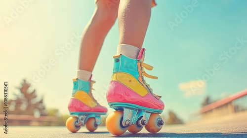 A vibrant close-up of a woman's feet in bright retro roller skates, showcasing the playful spirit and nostalgia of roller skating on a sunny day. 