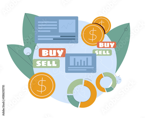 Cryptocurrency with graphs. Bitcoin with charts. Financial literacy and passive income. Economics, investing and trading. Crypto currency and blockchain technology. Flat vector illustration