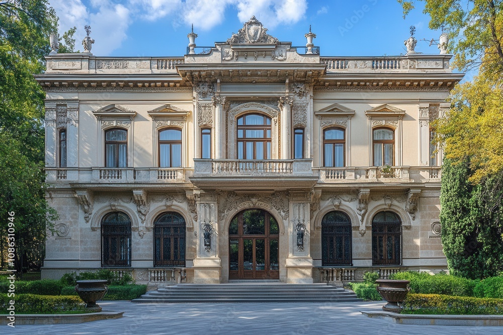 Elegant mansion with a grand entrance, surrounded by lush greenery. Elegant mansion with a grand entrance, surrounded by lush greenery.