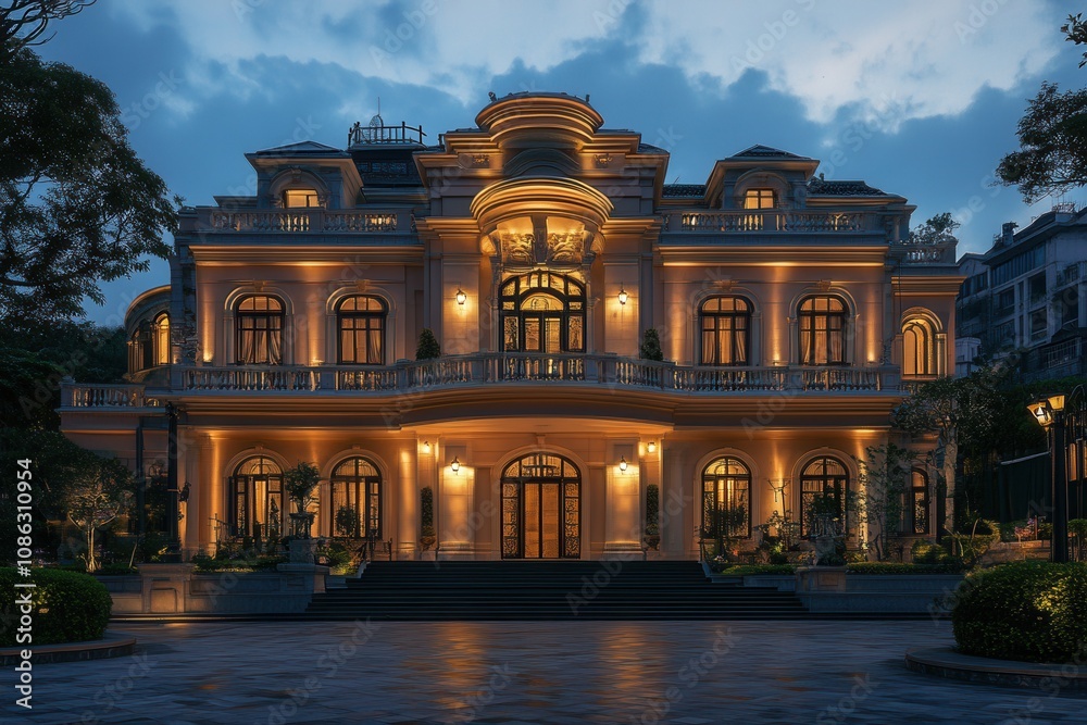 Obraz premium Elegant mansion with a grand entrance illuminated at dusk.