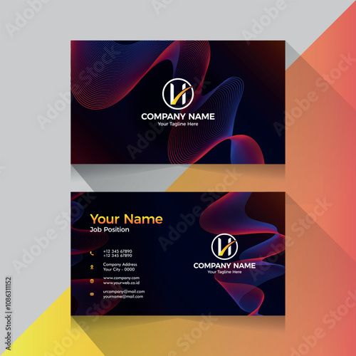 Business card name company with dark color background and abstract line blend gradient design