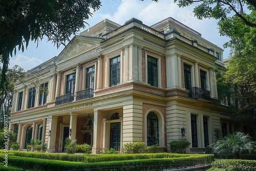 Elegant Neoclassical Mansion with Lush Greenery.