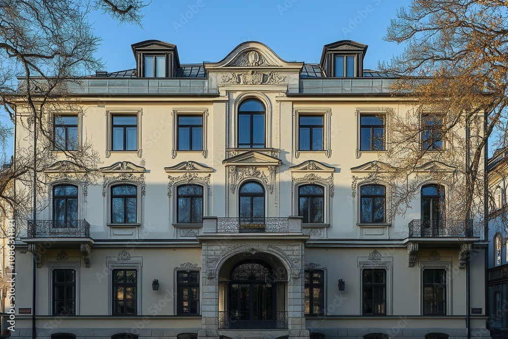 Naklejka premium Elegant white facade of a historic building with arched windows and a symmetrical design.