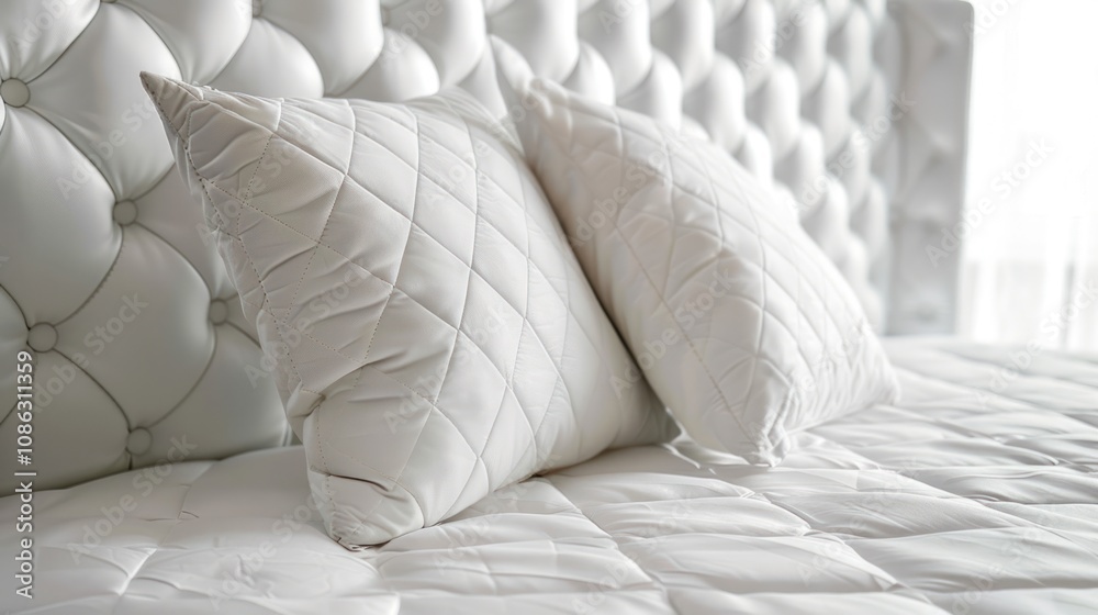 Naklejka premium White upholstered pillows of a bed with a white leather headboard in the background,