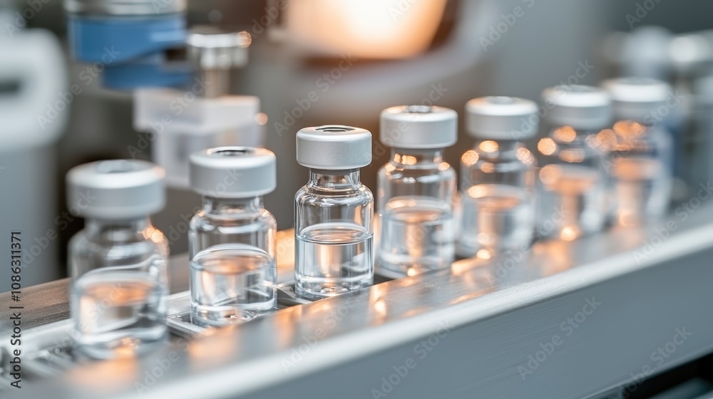 The image shows a series of glass vials lined up on a conveyor, likely part of a pharmaceutical production process. The image shows a series of glass vials lined up on a conveyor, likely part of a pharmaceutical production process.