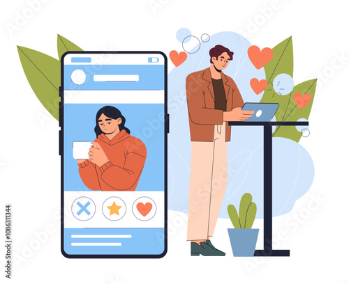 Man with dating site. Young guy with mobile phone in cafe or restaurant. Romantic meeting on internet. Social networks and messengers. Flat vector illustration isolated on white background