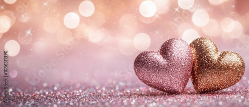 Two sparkling hearts shimmer against a dreamy background, evoking feelings of love, romance, and celebration.
