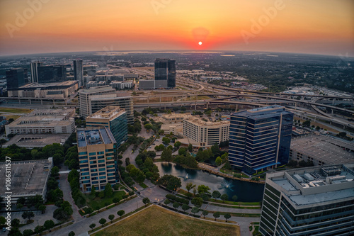 Aerial View of the Plano, Texas Business District during Summer Sunset photo