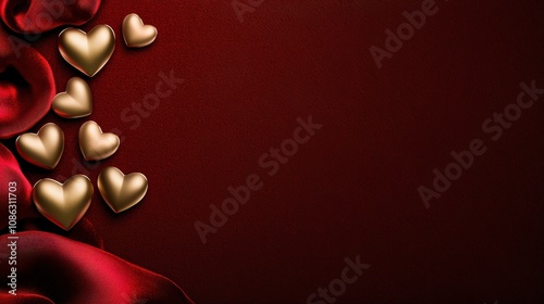 A romantic scene featuring golden hearts on a deep red fabric, evoking love and warmth.