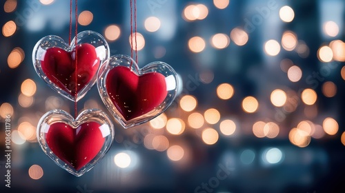A romantic scene featuring three hanging heart ornaments with a blurred bokeh background, evoking feelings of love and warmth.