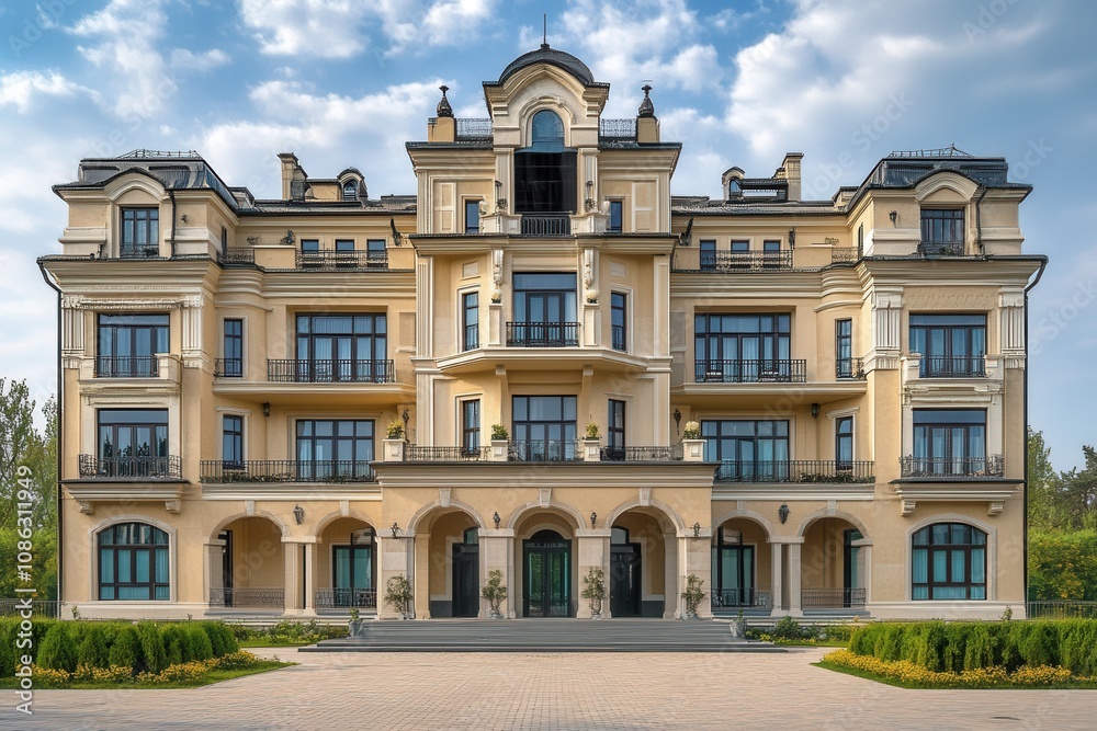 Grand, luxurious, yellow mansion with arched entryway and manicured landscaping. Grand, luxurious, yellow mansion with arched entryway and manicured landscaping.