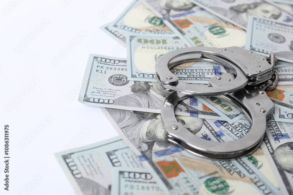 Corruption concept. Handcuffs and dollar banknotes on white background, closeup Corruption concept. Handcuffs and dollar banknotes on white background, closeup