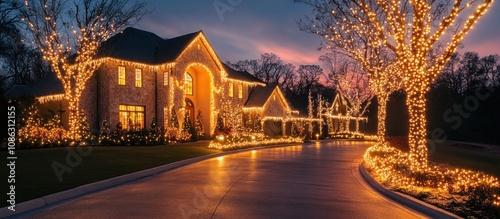 A large, brick house with a long driveway is decorated with Christmas lights for the holidays.
