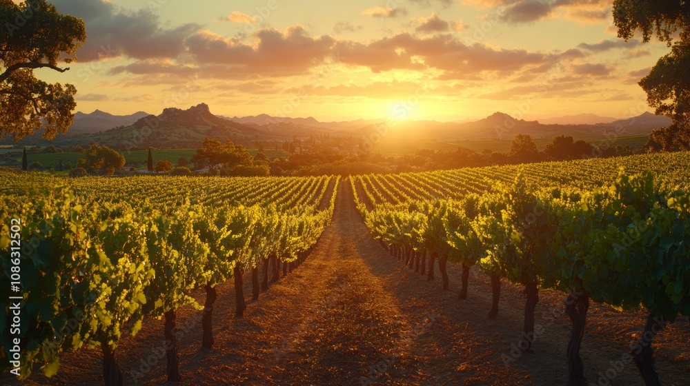 Naklejka premium A breathtaking aerial view of a lush vineyard bathed in warm golden light, with a stunning sunset casting vibrant hues across the sky and vines.