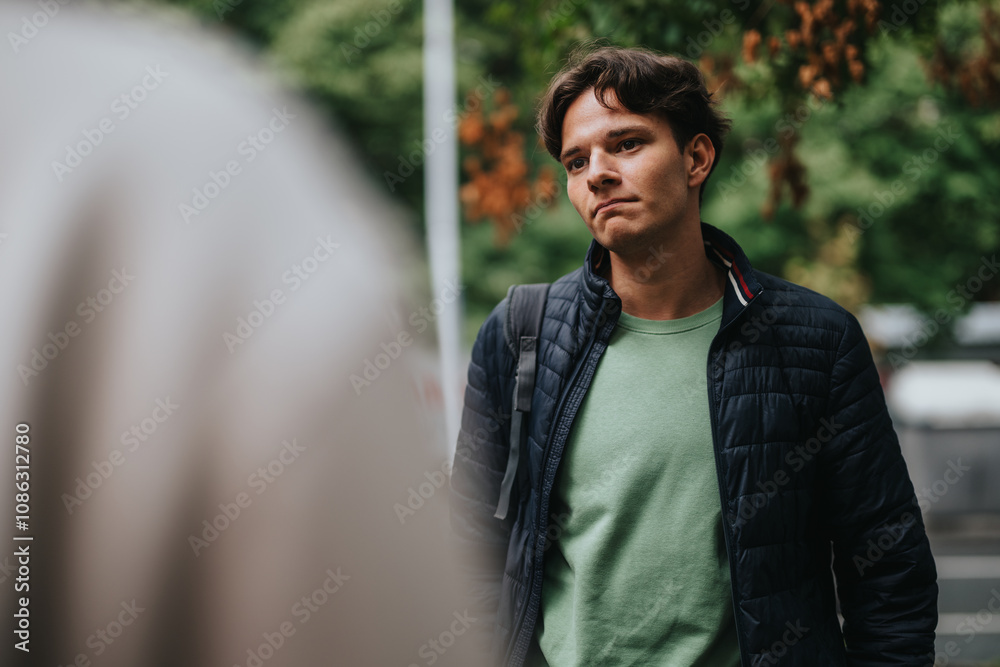 A young man wearing a casual jacket and green shirt enjoys the outdoors, with a background of lush greenery and autumn leaves. A young man wearing a casual jacket and green shirt enjoys the outdoors, with a background of lush greenery and autumn leaves.