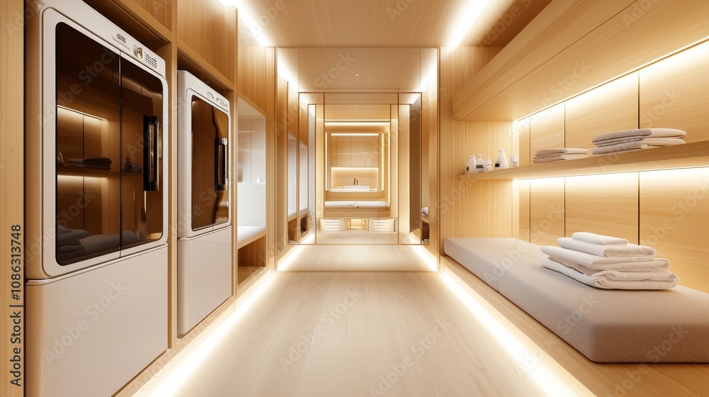 Compact hostel laundry with sleek, efficient machines, cushioned seating, a well-organized bulletin board full of laundry tips, minimalist style Compact hostel laundry with sleek, efficient machines, cushioned seating, a well-organized bulletin board full of laundry tips, minimalist style
