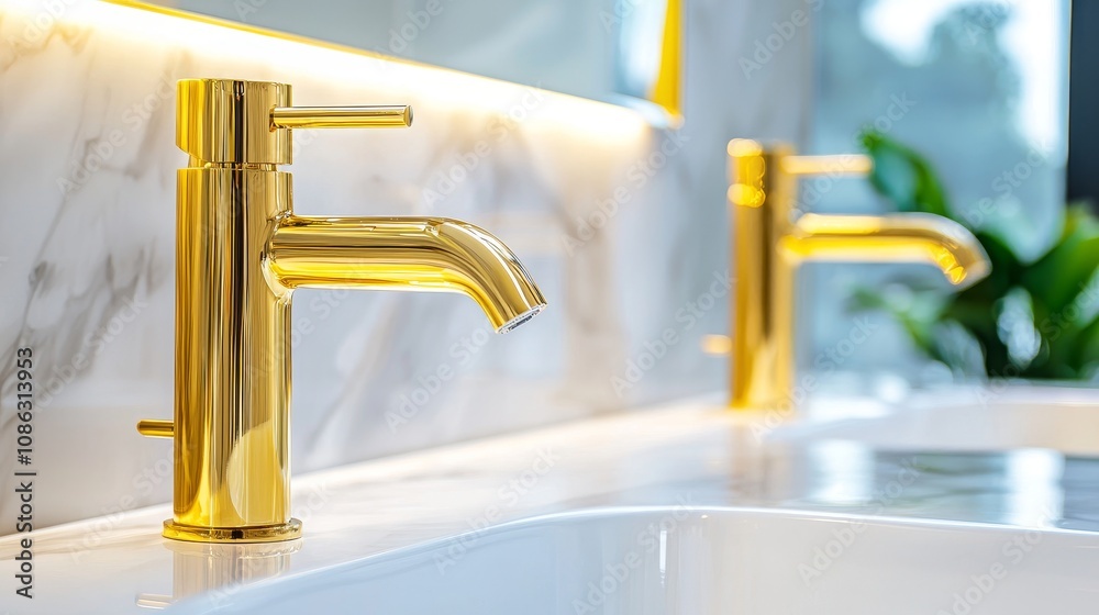Contemporary bathroom, floating vanity with LED lighting, brass faucets, marble wall with artistic gold highlights, tranquil luxury atmosphere Contemporary bathroom, floating vanity with LED lighting, brass faucets, marble wall with artistic gold highlights, tranquil luxury atmosphere