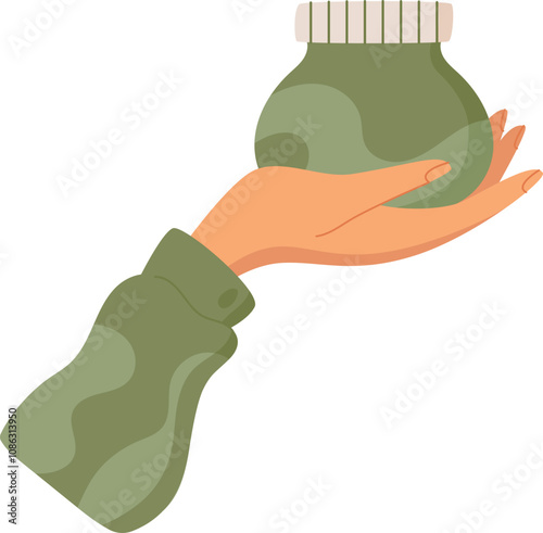 Cartoon hand holds moisturizing bodycare lotion pack, flat isolated hair care shampoo bottle, organic cleansing makeup oil jar, trendy antiaging skincare cream tube, vector illustration.