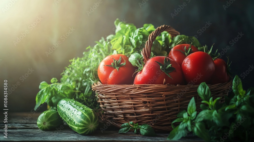 Freshly Harvested Tomatoes, Cucumbers, and Herbs in a Rustic Basket Freshly Harvested Tomatoes, Cucumbers, and Herbs in a Rustic Basket