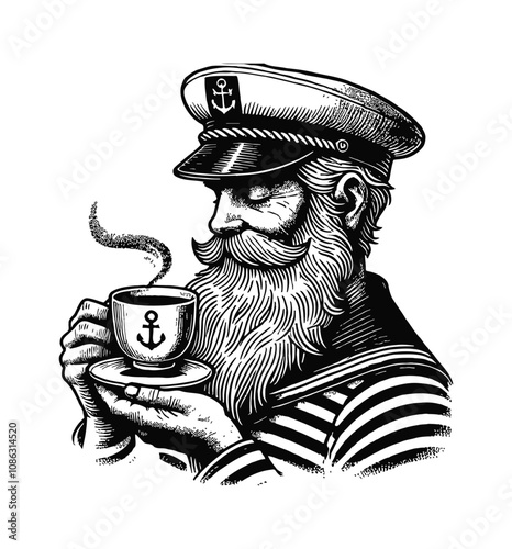 sailor holding a coffee cup engraving black and white outline