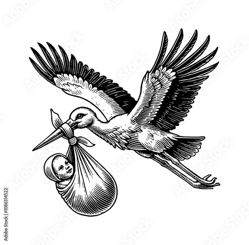 stork deliver baby engraving black and white outline