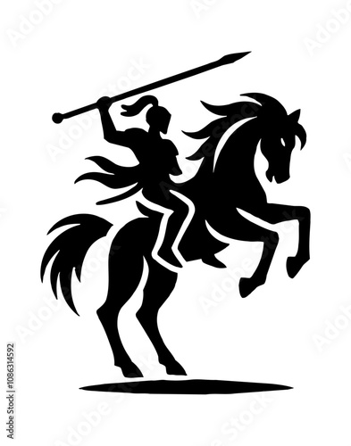 knight spear riding horse engraving black and white outline