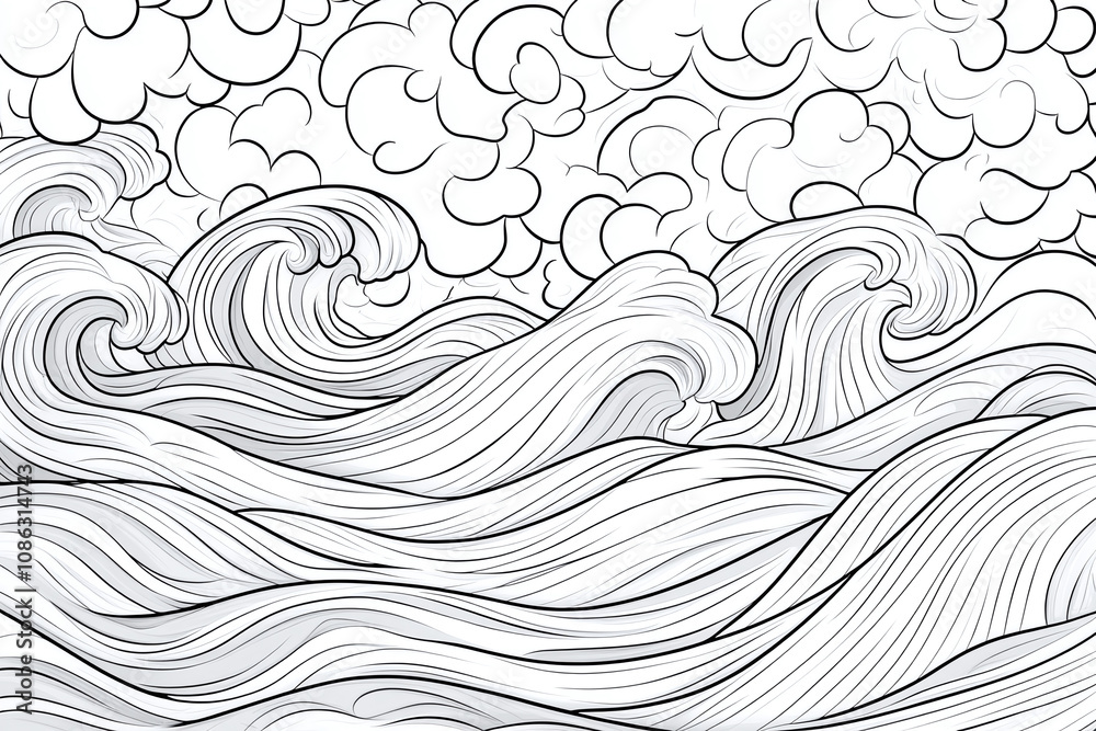 Fototapeta premium Coloring page of wave interference patterns with subtle gradients, expertly enhanced rhythm and flow line art suitable for coloring book.