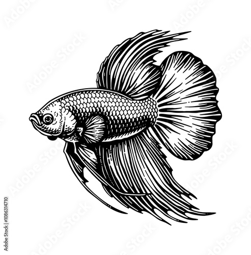 betta fish engraving black and white outline