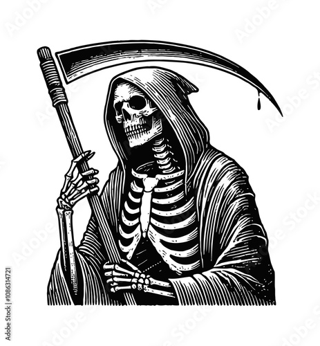 ghost scythe engraving black and white outline