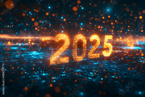 Glowing 2025 New Year Text with Orange and Blue Bokeh Background.