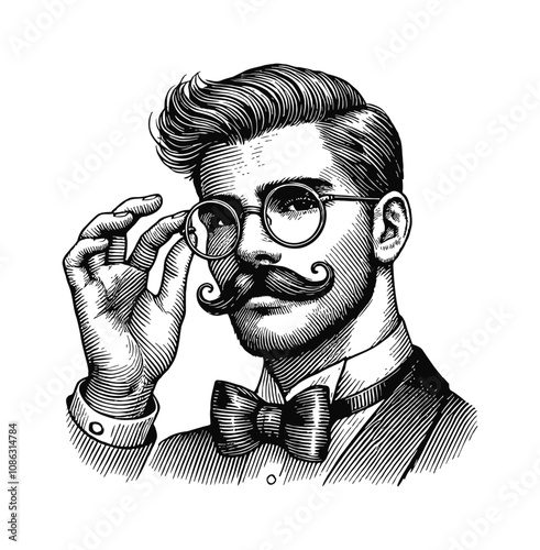 man with a mustache, wearing a bow tie, adjusting round glasses engraving black and white outline