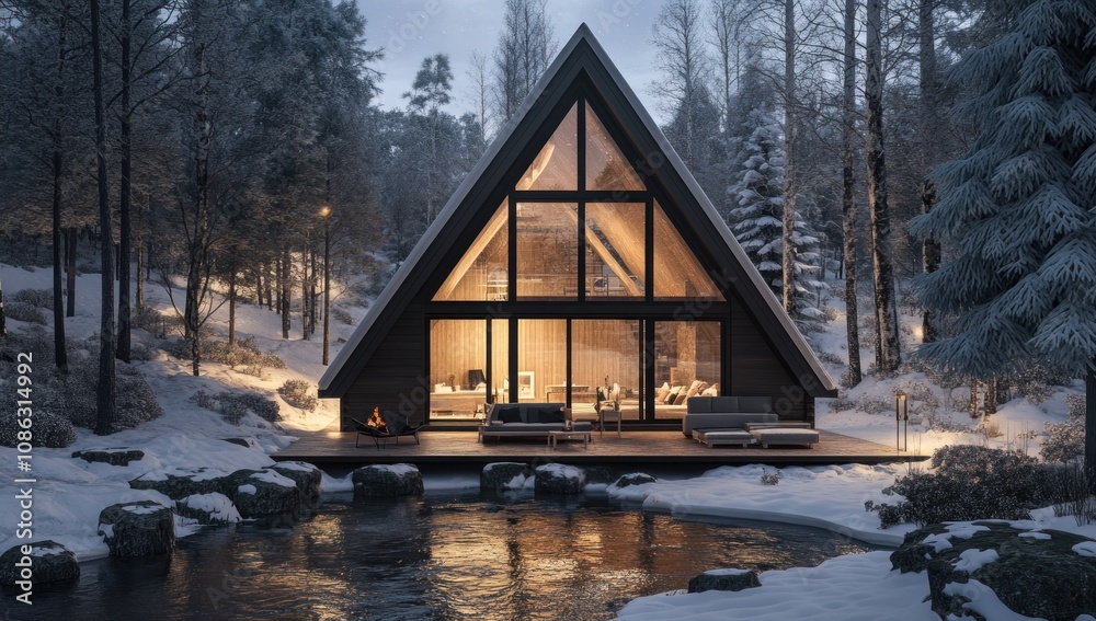 Fototapeta premium A-Frame Cabin in Snowy Winter Wonderland