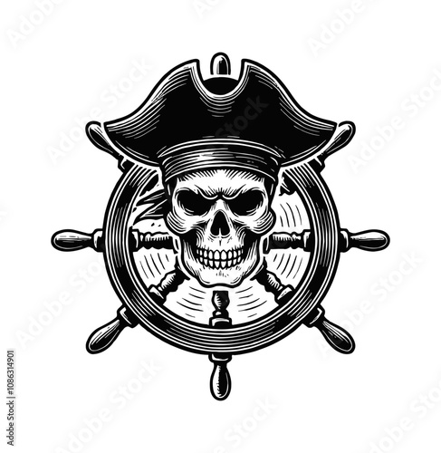 skull pirate hat engraving black and white outline