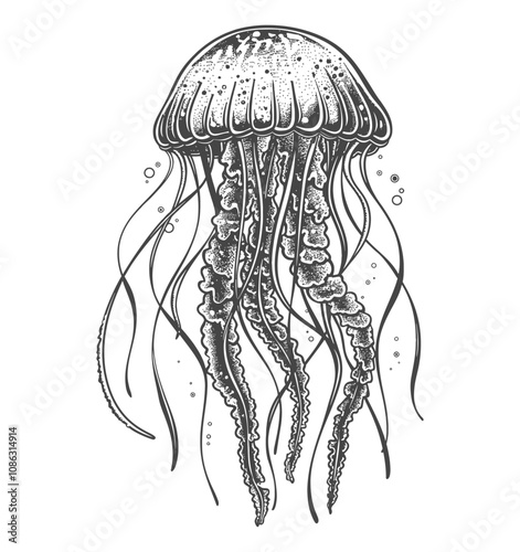 jellyfish engraving black and white outline