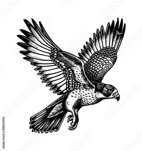 falcon bird fly engraving black and white outline