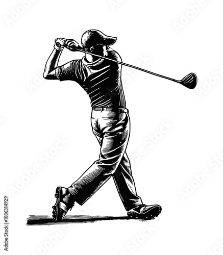man hitting a golf ball engraving black and white outline