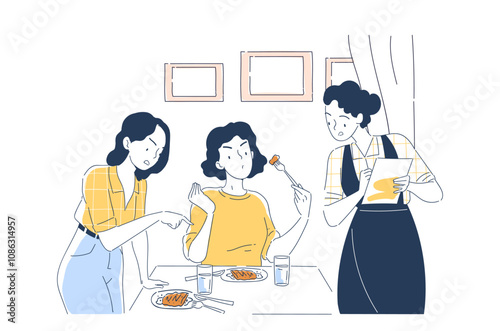 Dissatisfied guest of restaurant. Angry girls shout at waiter in cafe or restaurant. Negative feelings and emotions. Complaints from visitors. Linear vector illustration isolated on white background