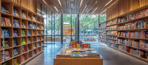 Modern Bookstore Interior Design with Abundant Bookshelves and Natural Light