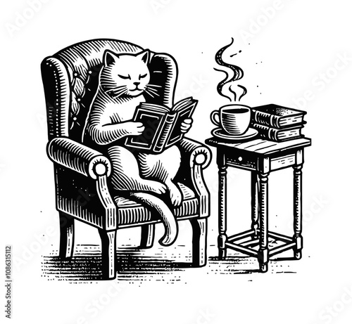 cat read book sofa coffee engraving black and white outline