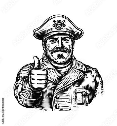 sailor captain thumb up engraving black and white outline